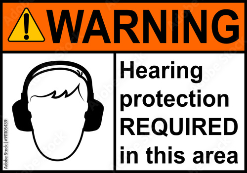 Hearing protection sign. High noise areas. Wear earmuffs or earplugs. Take precautions to protect your hearing. Noise protection sign. Warning sign. Risk hearing loss.