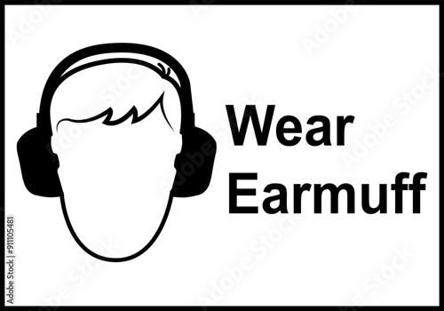 Hearing protection sign. High noise areas. Wear earmuffs or earplugs. Take precautions to protect your hearing. Noise protection sign. Warning sign. Risk hearing loss.