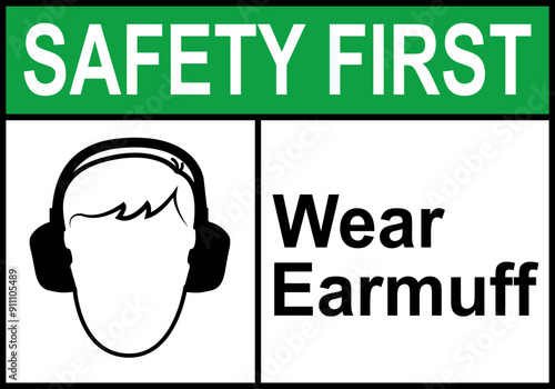 Hearing protection sign. High noise areas. Wear earmuffs or earplugs. Take precautions to protect your hearing. Noise protection sign. Warning sign. Risk hearing loss.