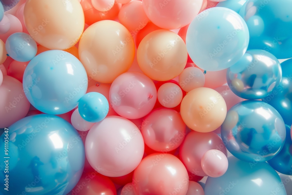 Floating pastel balloons with confetti in the air. Floating pastel balloons with confetti in the air.