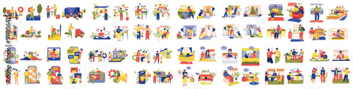 Mega set of saturated color concepts with people scene in flat cartoon design. A huge collection of scenes with men and women in various situations. Vector illustration.