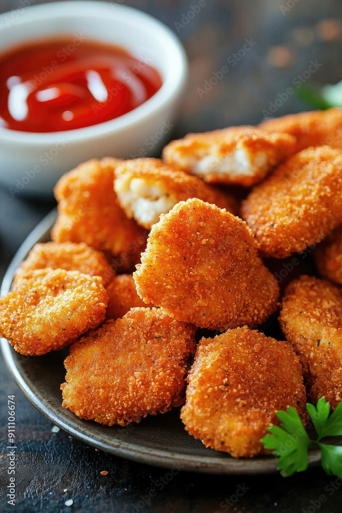 fried nuggets and sauce on the table. Selective focus fried nuggets and sauce on the table. Selective focus