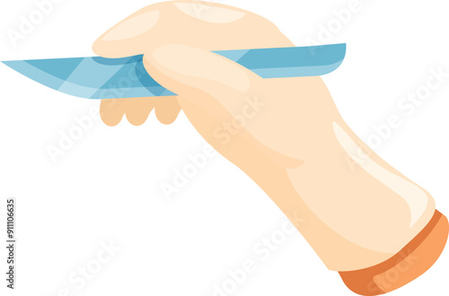 Hand wearing a surgical glove is holding a scalpel, ready to perform a precise incision