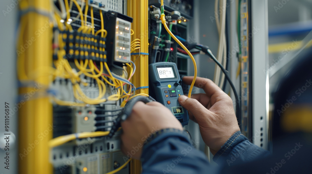 An electrician using a digital multimeter on wires in an electrical panel, a close up shot of hands holding the meter with yellow and white cables connected to the power plants An electrician using a digital multimeter on wires in an electrical panel, a close up shot of hands holding the meter with yellow and white cables connected to the power plants