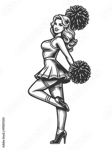 cheerleader in classic pin-up pose with pom-poms and a playful expression sketch engraving generative ai fictional character vector illustration. Scratch board imitation. Black and white image