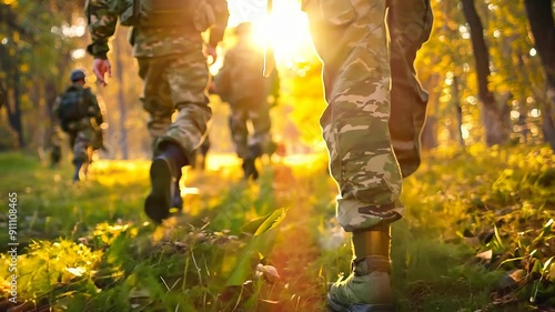 Soldiers walking through forest during outdoor training. photo