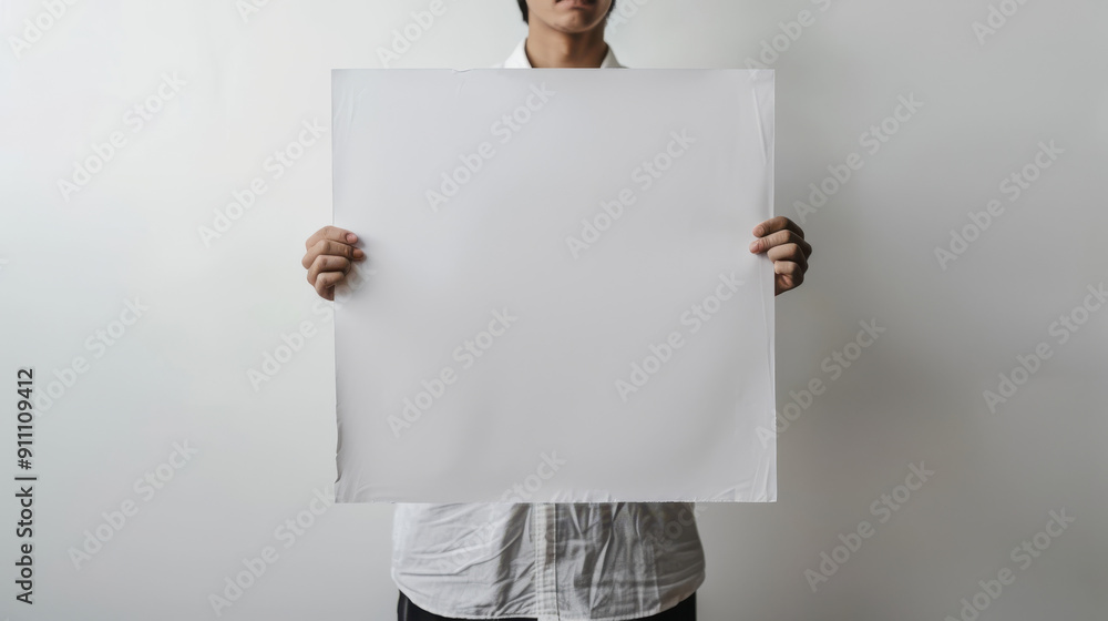Minimalist photo of an individual holding a large blank paper, clean composition, subject slightly turned Minimalist photo of an individual holding a large blank paper, clean composition, subject slightly turned