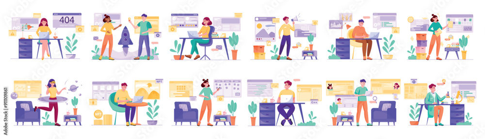 Set of purple concepts with people scene in flat cartoon design. Every scene in this collection is filled with detail, creating vivid and engaging visual content. Vector illustration. Set of purple concepts with people scene in flat cartoon design. Every scene in this collection is filled with detail, creating vivid and engaging visual content. Vector illustration.