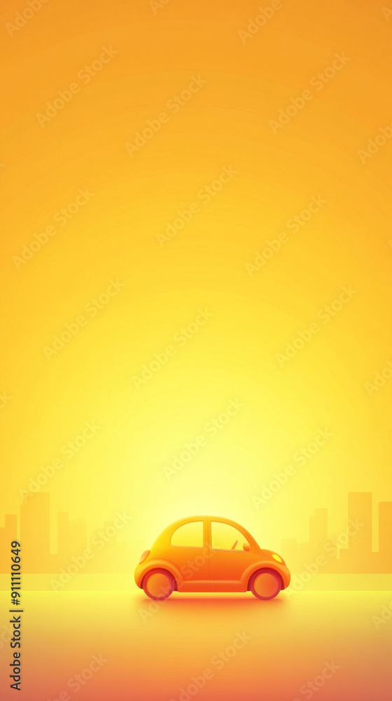 A small orange car is parked on a road in front of a city skyline. The image has a warm, sunny feel to it, with the orange car standing out against the bright background A small orange car is parked on a road in front of a city skyline. The image has a warm, sunny feel to it, with the orange car standing out against the bright background