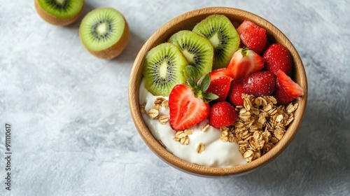 Overhead shot of a wooden bowl filled with yogurt, granola, kiwi, and strawberries on a light surface