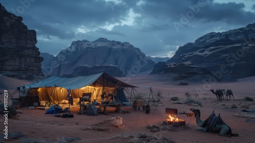 A vibrant camp lit by a warm fire, nestled in a serene desert landscape at twilight