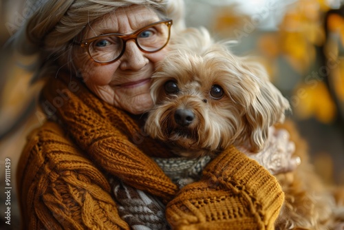 Elderly woman in an autumn setting holding a fluffy white dog, capturing a moment of joy and companionship.