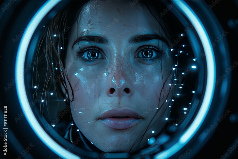Woman Gazes Through Futuristic Circular Window With Wide Eyes Woman Gazes Through Futuristic Circular Window With Wide Eyes