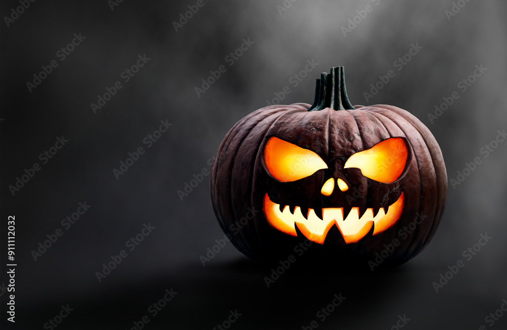 A halloween pumpkin at night with a spooky, scary evil glowing face against a misty dark background.