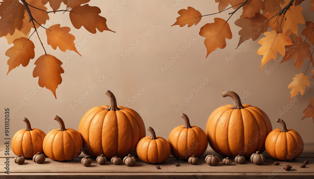 Orange Pumpkins on a Table with Fall Leaves Orange Pumpkins on a Table with Fall Leaves