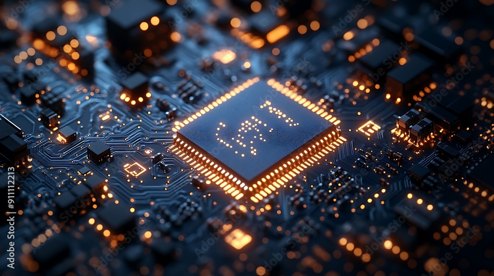 Glowing Microchip on Circuit Board. Glowing Microchip on Circuit Board.