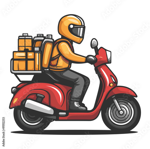 deliveryman riding scooters with delivery boxes, courier delivery cartoon, generative ai
