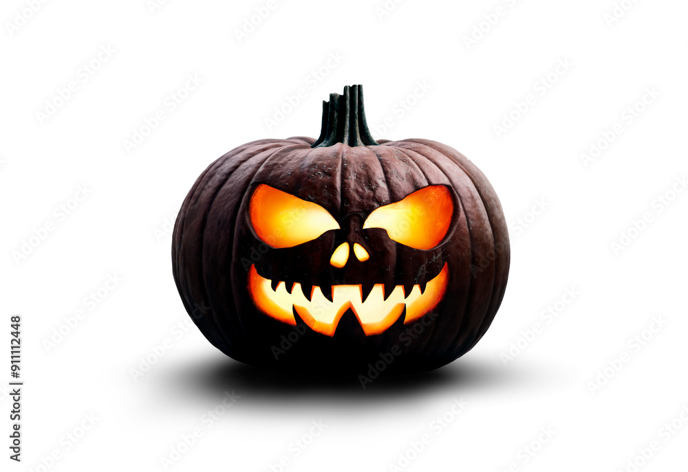 A halloween pumpkin carved lantern at night with a scary, spooky evil glowing face isolated against a transparent background for use on dark backgrounds.