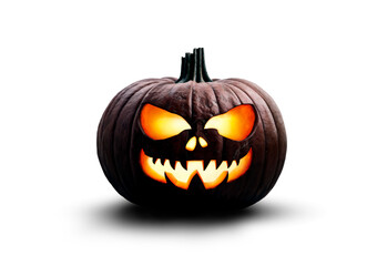 A halloween pumpkin carved lantern at night with a scary, spooky evil glowing face isolated against a transparent background for use on dark backgrounds.