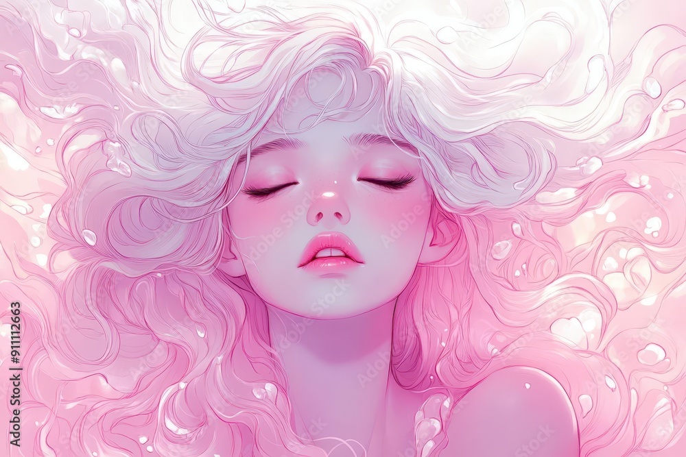 ethereal anime girl with flowing pastel hair immersed in lofi music ...