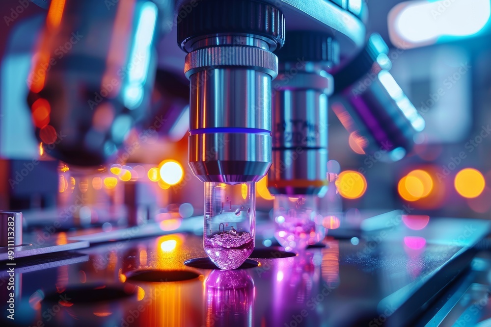 Closeup of Microscope Lenses in a Laboratory Setting With Colorful Lights Closeup of Microscope Lenses in a Laboratory Setting With Colorful Lights