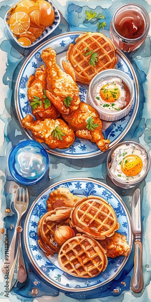 31 American chicken and waffles flat design bird's-eye view brunch theme water color colored pastel 31 American chicken and waffles flat design bird's-eye view brunch theme water color colored pastel