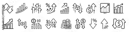 Line icons about increase and decrease. Contains such icons as stock market, profit, launch and more. Thin line increase and decrease icon isolated on black background. Editable vector stroke.