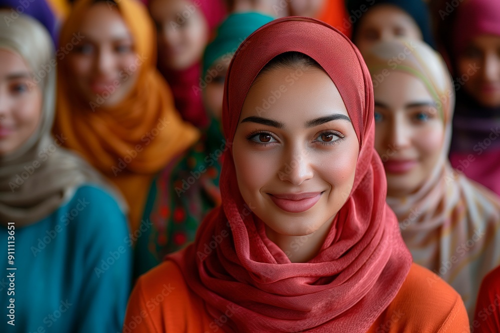 Group of women in colorful hijabs smiling together in community gathering Group of women in colorful hijabs smiling together in community gathering