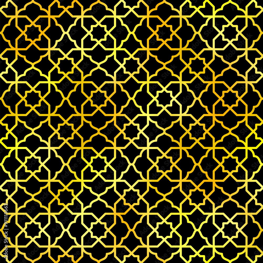 Arabic style seamless pattern. Vector shiny gold oriental ornament on black background. Islamic traditional texture for backgrounds, wallpapers, textile patterns, decoration Arabic style seamless pattern. Vector shiny gold oriental ornament on black background. Islamic traditional texture for backgrounds, wallpapers, textile patterns, decoration