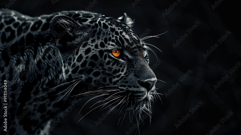 Close-up of a leopard with piercing orange eyes, showcasing its intense gaze and detailed fur pattern Close-up of a leopard with piercing orange eyes, showcasing its intense gaze and detailed fur pattern