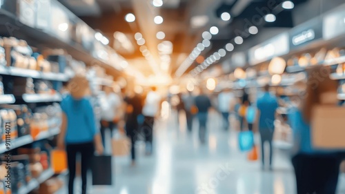 Blurred image of people shopping in a well-lit supermarket aisle with shelves full of products. Bright  busy atmosphere in retail store.