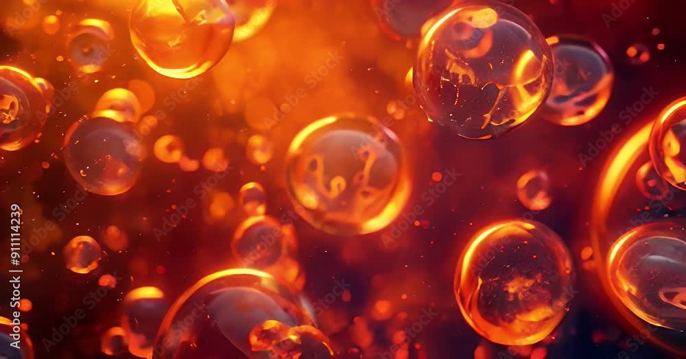 Hyper-realistic 3D Render of Glowing Orange Cells and Microbubbles in a Dark, Abstract Microscopic World with Volumetric Lighting and Cinematic Bokeh Effect for Medical Science and Biotechnology Theme Hyper-realistic 3D Render of Glowing Orange Cells and Microbubbles in a Dark, Abstract Microscopic World with Volumetric Lighting and Cinematic Bokeh Effect for Medical Science and Biotechnology Theme