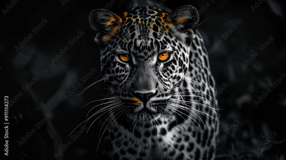 Obraz premium Close-up of a leopard's face with piercing orange eyes against a dark background, creating a dramatic and intense visual effect