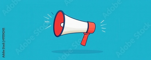 Illustration of a red and white megaphone on a blue background, symbolizing communication, announcement or marketing message.