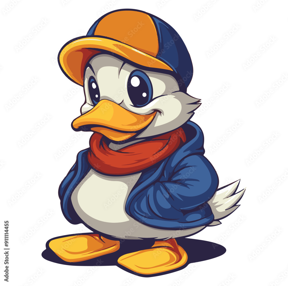 Obraz premium cartoon illustration Smiling duck wearing blue jacket, orange cap, and red scarf, generative ai