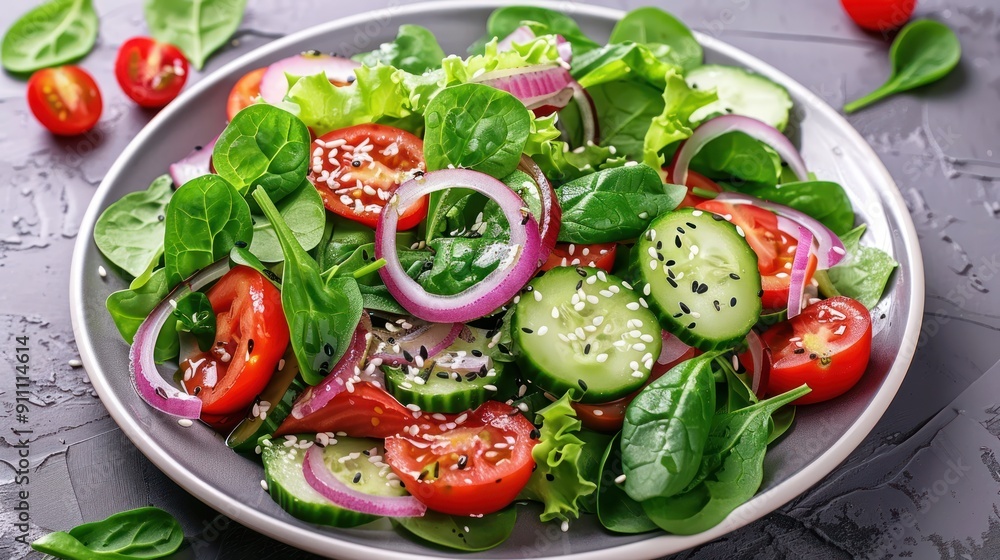 Fresh Green Salad with Tomatoes, Cucumbers, and Red Onions Fresh Green Salad with Tomatoes, Cucumbers, and Red Onions