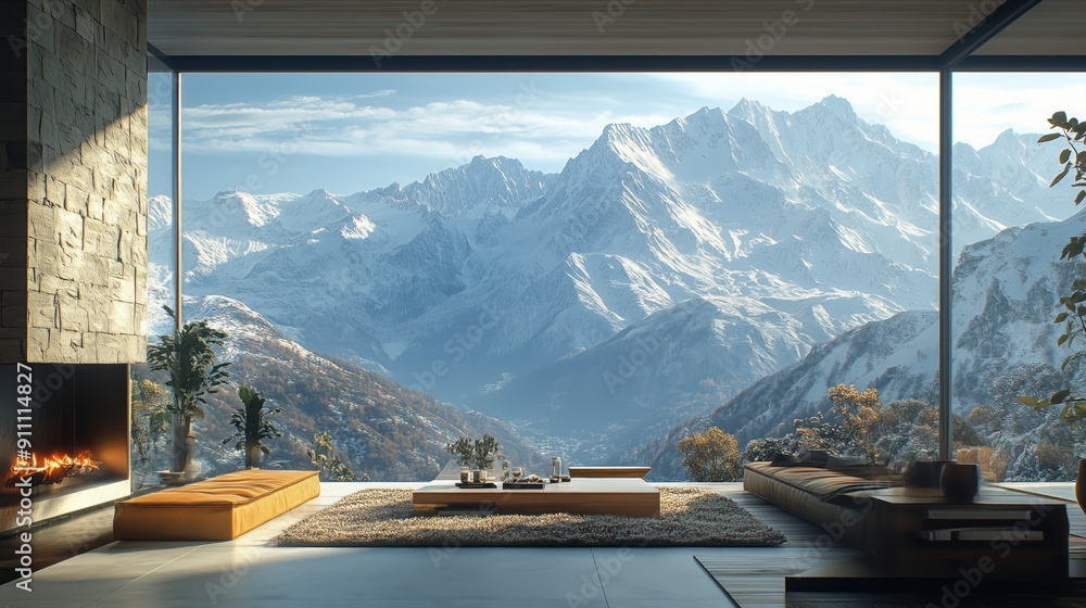 custom made wallpaper toronto digitalModern luxury spacious penthouse living room interior design and large glass window with mountain view