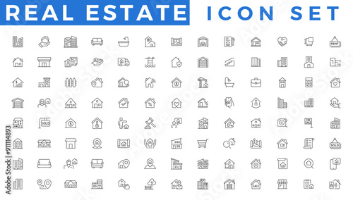 Real Estate minimal Line vector illustration. Housing, property, home loan, mortgage, icons set