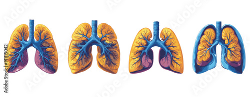 Cartoon illustration lungs with blue branching veins and a blue trachea, generative ai