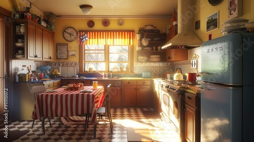 28 Kitchen with American flagthemed napkins, kids having breakfast, morning sunlight, wideangle, lively and organized photo