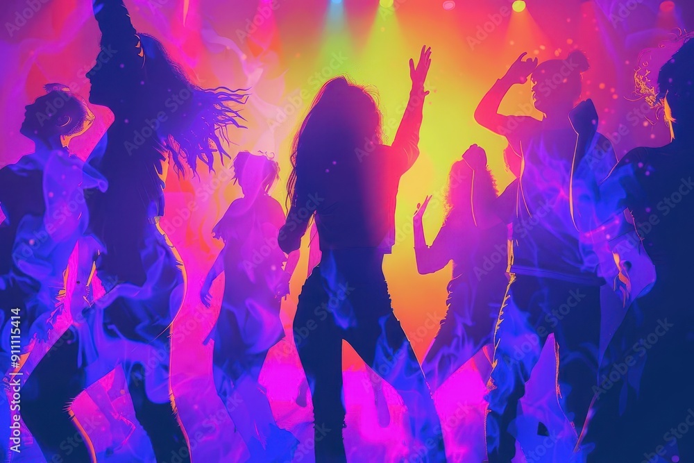 diverse group of millennials dancing joyfully music festival setting vibrant neon colors dynamic poses highenergy atmosphere stylized illustration diverse group of millennials dancing joyfully music festival setting vibrant neon colors dynamic poses highenergy atmosphere stylized illustration