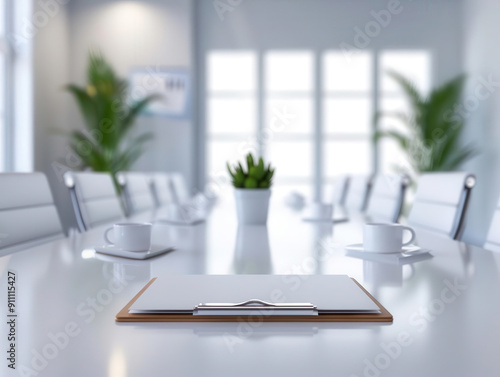 Conference room with organized digital presentations, vibrant and professional, modern office setting, efficiency and focus, white background. photo