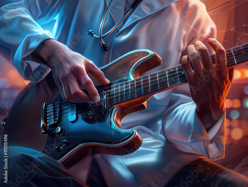 Doctor in a lab coat, playing guitar, focused expression, high detail, dynamic lighting, photorealistic style.