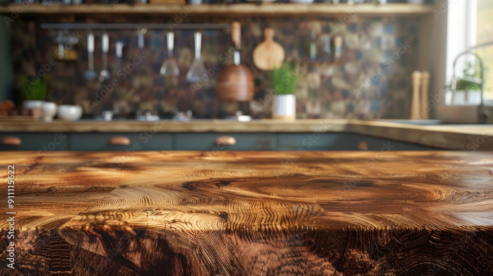 Wooden Countertop with Blurred Kitchen Background Wooden Countertop with Blurred Kitchen Background