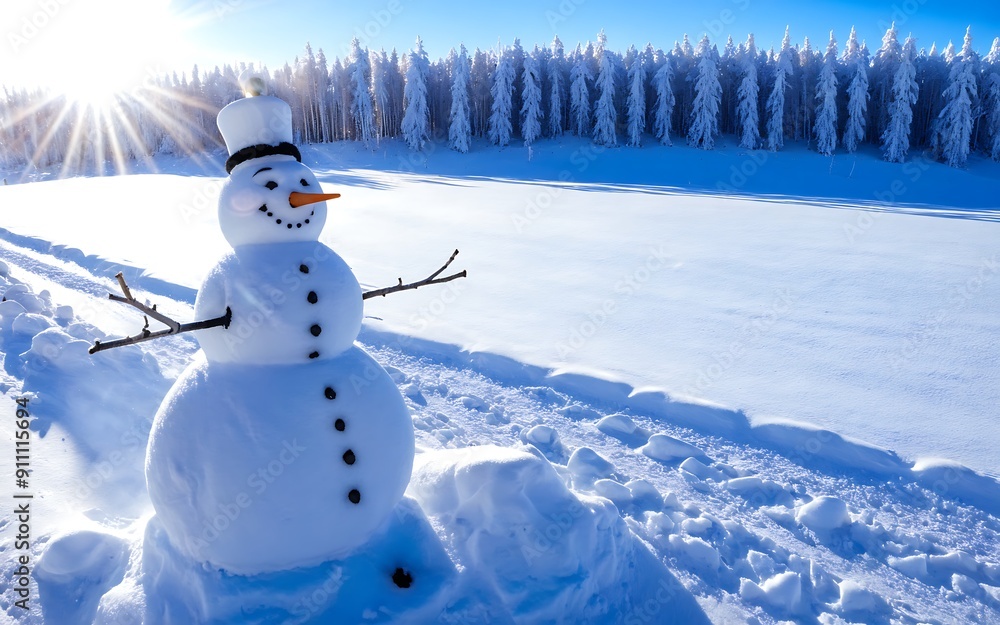 Obraz premium Snowman on the background of a winter landscape