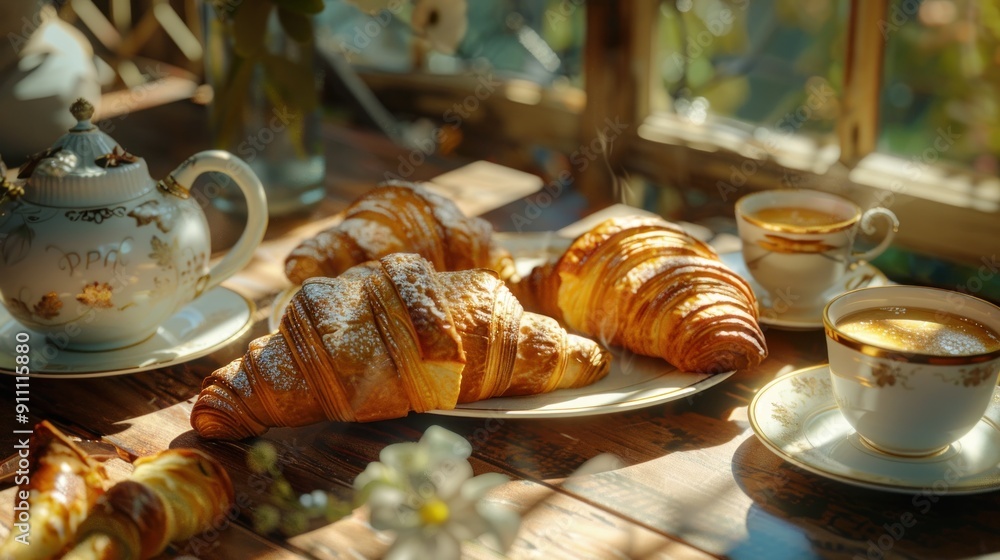 Freshly Baked Croissants, Teapot, and Coffee Cups on a Wooden Table Freshly Baked Croissants, Teapot, and Coffee Cups on a Wooden Table