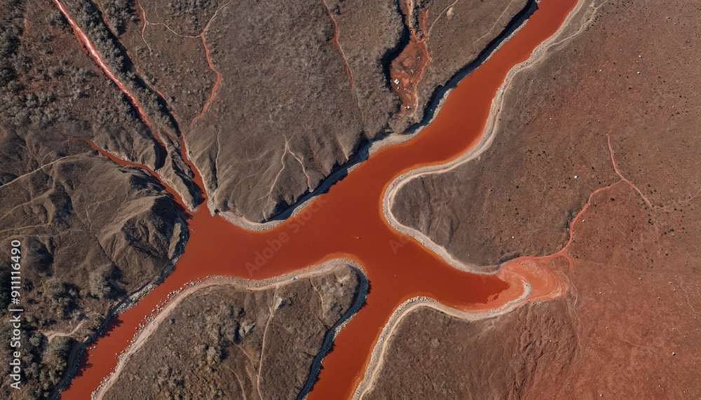 Obraz premium Aerial view of a striking red river winding through earthy landscapes, perfect for nature-related design, environmental awareness, and travel themes.