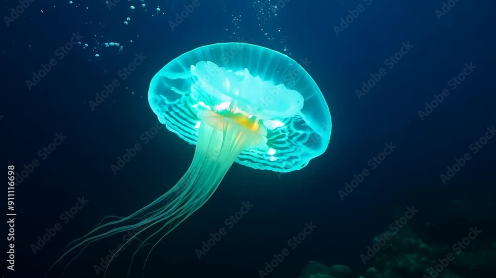 A vibrant jellyfish illuminates the dark marine environment as it swims serenely, showcasing its ethereal beauty and bioluminescent features A vibrant jellyfish illuminates the dark marine environment as it swims serenely, showcasing its ethereal beauty and bioluminescent features