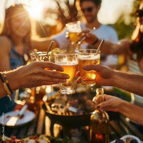 40 Friends enjoying BBQ party, toasting drinks, grill in background, sunset, medium shot, warm and festive
