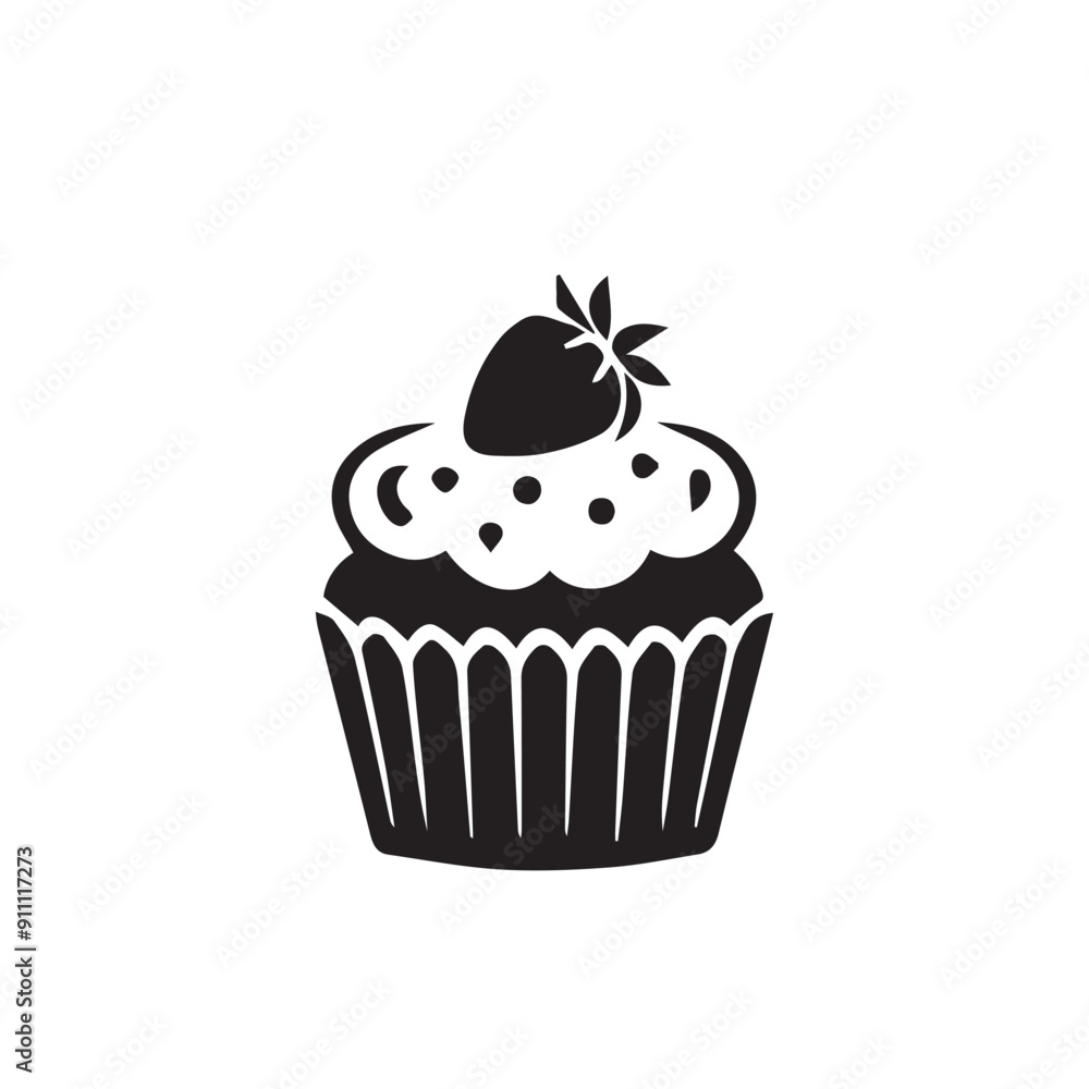 Black cupcake with fruit Icon, muffin logo. Vector illustration isolated on white background. Can be used as icon, sign or symbol - cupcake silhouette. Black cupcake with fruit Icon, muffin logo. Vector illustration isolated on white background. Can be used as icon, sign or symbol - cupcake silhouette.